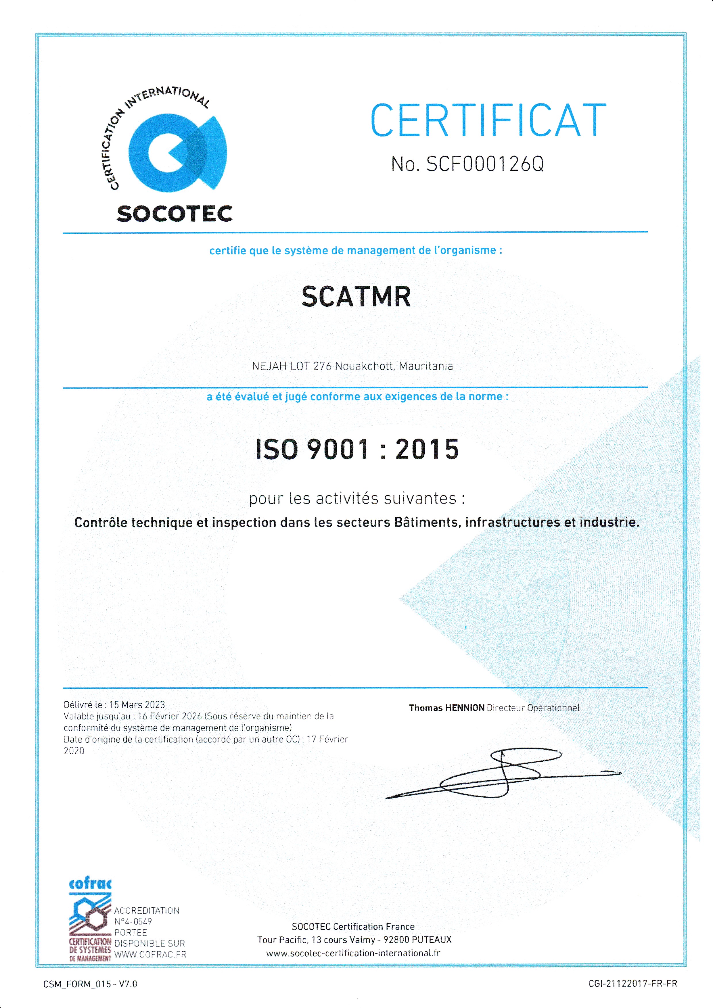 Certificat ISO 9001:2015